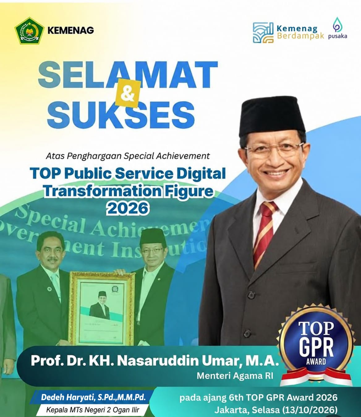 Civitas MTs Negeri 2 Ogan Ilir mengucapkan selamat dan sukses atas penghargaan special achievement top public service digital tranformation figure 2026